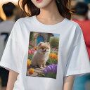 ポメラニアン Tシャツ レディース 犬ファン 半袖 春夏 犬柄 プリント カジュアル かわいい 人間用 個性派 ここだけのデザイン 面白 チューリップ ポメラニアン 花 庭 家