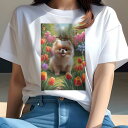 ポメラニアン Tシャツ レディース 犬ファン 半袖 春夏 犬柄 プリント カジュアル かわいい 人間用 個性派 ここだけのデザイン 面白 花 ポメラニアン チューリップ 庭 春