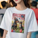 ミニチュアピンシャー Tシャツ レディース 犬ファン 半袖 春夏 犬柄 プリント カジュアル かわいい 人間用 個性派 ここだけのデザイン 面白 チューリップ ミニチュアピンシャー 蝶 春 花畑