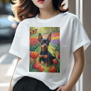 ミニチュアピンシャー Tシャツ レディース 犬ファン 半袖 春夏 犬柄 プリント カジュアル かわいい 人間用 個性派 ここだけのデザイン 面白 チューリップ ミニチュアピンシャー 庭 花 蝶