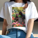 ミニチュアピンシャー Tシャツ レディース 犬ファン 半袖 春夏 犬柄 プリント カジュアル かわいい 人間用 個性派 ここだけのデザイン 面白 チューリップ ミニチュアピンシャー 花 春 公園