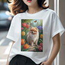 ポメラニアン Tシャツ レディース 犬ファン 半袖 春夏 犬柄 プリント カジュアル かわいい 人間用 個性派 ここだけのデザイン 面白 チューリップ ポメラニアン 庭 花 蝶