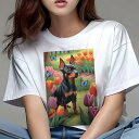 ミニチュアピンシャー Tシャツ レディース 犬ファン 半袖 春夏 犬柄 プリント カジュアル かわいい 人間用 個性派 ここだけのデザイン 面白 チューリップ ミニチュアピンシャー 庭 春 花