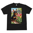 ミニチュアピンシャー Tシャツ メンズ キッズ 犬ファン 半袖 春夏 犬柄 プリント カジュアル かわいい 人間用 個性派 ここだけのデザイン 面白 チューリップ ミニチュアピンシャー 花 庭 春