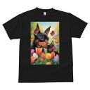 ミニチュアピンシャー Tシャツ メンズ キッズ 犬ファン 半袖 春夏 犬柄 プリント カジュアル かわいい 人間用 個性派 ここだけのデザイン 面白 チューリップ ミニチュアピンシャー 蝶 花畑 春