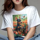 ミニチュアピンシャー Tシャツ レディース 犬ファン 半袖 春夏 犬柄 プリント カジュアル かわいい 人間用 個性派 ここだけのデザイン 面白 チューリップ ミニチュアピンシャー 庭