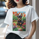 ミニチュアピンシャー Tシャツ レディース 犬ファン 半袖 春夏 犬柄 プリント カジュアル かわいい 人間用 個性派 ここだけのデザイン 面白 チューリップ ミニチュアピンシャー 花 春 庭