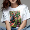 ミニチュアピンシャー Tシャツ レディース 犬ファン 半袖 春夏 犬柄 プリント カジュアル かわいい 人間用 個性派 ここだけのデザイン 面白 チューリップ ミニチュアピンシャー 花
