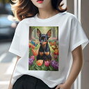 ミニチュアピンシャー Tシャツ レディース 犬ファン 半袖 春夏 犬柄 プリント カジュアル かわいい 人間用 個性派 ここだけのデザイン 面白 チューリップ ミニチュアピンシャー 蝶 花 公園