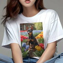 ミニチュアピンシャー Tシャツ レディース 犬ファン 半袖 春夏 犬柄 プリント カジュアル かわいい 人間用 個性派 ここだけのデザイン 面白 チューリップ ミニチュアピンシャー 花畑