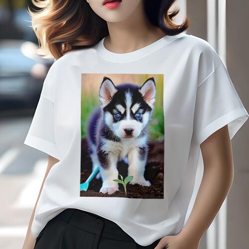 シベリアンハスキー Tシャツ レディース 犬ファン 半袖 春夏 犬柄 プリント カジュアル かわいい 人間用 個性派 ここだけのデザイン 面白 植物 シベリアンハスキー 苗木 土 スコップ