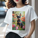 ミニチュアピンシャー Tシャツ レディース 犬ファン 半袖 春夏 犬柄 プリント カジュアル かわいい 人間用 個性派 ここだけのデザイン 面白 チューリップ ミニチュアピンシャー 蝶 春 花