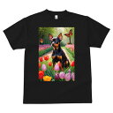 ミニチュアピンシャー Tシャツ メンズ キッズ 犬ファン 半袖 春夏 犬柄 プリント カジュアル かわいい 人間用 個性派 ここだけのデザイン 面白 チューリップ ミニチュアピンシャー 花 庭
