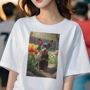 ミニチュアピンシャー Tシャツ レディース 犬ファン 半袖 春夏 犬柄 プリント カジュアル かわいい 人間用 個性派 ここだけのデザイン 面白 チューリップ ミニチュアピンシャー 花 春 庭
