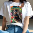 ミニチュアピンシャー Tシャツ レディース 犬ファン 半袖 春夏 犬柄 プリント カジュアル かわいい 人間用 個性派 ここだけのデザイン 面白 チューリップ ミニチュアピンシャー 花 春 庭
