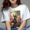 ミニチュアピンシャー Tシャツ レディース 犬ファン 半袖 春夏 犬柄 プリント カジュアル かわいい 人間用 個性派 ここだけのデザイン 面白 チューリップ ミニチュアピンシャー 庭 春 花