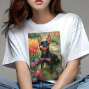 ミニチュアピンシャー Tシャツ レディース 犬ファン 半袖 春夏 犬柄 プリント カジュアル かわいい 人間用 個性派 ここだけのデザイン 面白 チューリップ ミニチュアピンシャー 花 春 庭