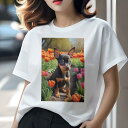 ミニチュアピンシャー Tシャツ レディース 犬ファン 半袖 春夏 犬柄 プリント カジュアル かわいい 人間用 個性派 ここだけのデザイン 面白 チューリップ ミニチュアピンシャー 花