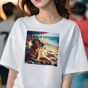 ゴールデンレトリバー Tシャツ レディース 犬ファン 半袖 春夏 犬柄 プリント カジュアル かわいい 人間用 個性派 ここだけのデザイン 面白 ビーチ ゴールデンレトリバー 海 夏 休暇