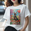 ミニチュアピンシャー Tシャツ レディース 犬ファン 半袖 春夏 犬柄 プリント カジュアル かわいい 人間用 個性派 ここだけのデザイン 面白 チューリップ ミニチュアピンシャー 花 春 庭