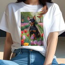 ミニチュアピンシャー Tシャツ レディース 犬ファン 半袖 春夏 犬柄 プリント カジュアル かわいい 人間用 個性派 ここだけのデザイン 面白 チューリップ ミニチュアピンシャー 花 庭