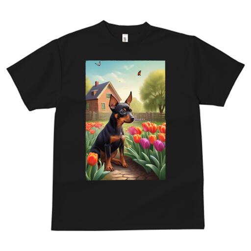 ミニチュアピンシャー Tシャツ メンズ キッズ 犬ファン 半袖 春夏 犬柄 プリント カジュアル かわいい 人間用 個性派 ここだけのデザイン 面白 チューリップ ミニチュアピンシャー 庭 家 蝶