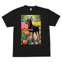ミニチュアピンシャー Tシャツ メンズ キッズ 犬ファン 半袖 春夏 犬柄 プリント カジュアル かわいい 人間用 個性派 ここだけのデザイン 面白 チューリップ ミニチュアピンシャー 花畑 公園 春