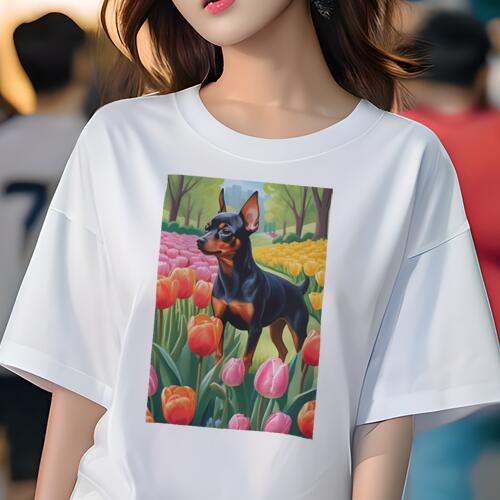 ミニチュアピンシャー Tシャツ レディース 犬ファン 半袖 春夏 犬柄 プリント カジュアル かわいい 人間用 個性派 ここだけのデザイン 面白 チューリップ ミニチュアピンシャー 花畑 公園 春