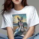 ボストンテリア Tシャツ レディース 犬ファン 半袖 春夏 犬柄 プリント カジュアル かわいい 人間用 個性派 ここだけのデザイン 面白 サーフィン ボストンテリア 海 ビーチ サングラス