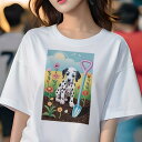 ダルメシアン Tシャツ レディース 犬ファン 半袖 春夏 犬柄 プリント カジュアル かわいい 人間用 個性派 ここだけのデザイン 面白 花 ダルメシアン シャベル 庭 太陽