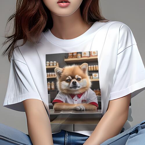 ポメラニアン Tシャツ レディース 犬ファン 半袖 春夏 犬柄 プリント カジュアル かわいい 人間用 個性派 ここだけのデザイン 面白 パン屋 ポメラニアン 制服 カウンター