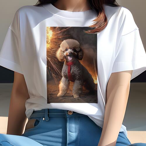 トイプードル Tシャツ レディース 犬ファン 半袖 春夏 犬柄 プリント カジュアル かわいい 人間用 個性派 ここだけのデザイン 面白 花火 トイプードル 赤いハーネス