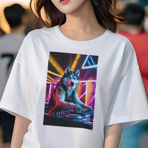 シベリアンハスキー Tシャツ レディース 犬ファン 半袖 春夏 犬柄 プリント カジュアル かわいい 人間用 個性派 ここだけのデザイン 面白 DJ シベリアンハスキー クラブ 音楽 照明