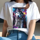 シベリアンハスキー Tシャツ レディース 犬ファン 半袖 春夏 犬柄 プリント カジュアル かわいい 人間用 個性派 ここだけのデザイン 面白 ヘッドホン シベリアンハスキー DJ機器 クラブ パーティー