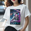 シベリアンハスキー Tシャツ レディース 犬ファン 半袖 春夏 犬柄 プリント カジュアル かわいい 人間用 個性派 ここだけのデザイン 面白 DJ シベリアンハスキー ヘッドホン ネオン