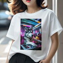シベリアンハスキー Tシャツ レディース 犬ファン 半袖 春夏 犬柄 プリント カジュアル かわいい 人間用 個性派 ここだけのデザイン 面白 DJ シベリアンハスキー クラブ 音楽 パーティー ネオン