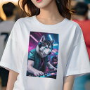 シベリアンハスキー Tシャツ レディース 犬ファン 半袖 春夏 犬柄 プリント カジュアル かわいい 人間用 個性派 ここだけのデザイン 面白 DJ シベリアンハスキー ヘッドホン クラブ 音楽 パーティー