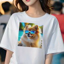 ポメラニアン Tシャツ レディース 犬ファン 半袖 春夏 犬柄 プリント カジュアル かわいい 人間用 個性派 ここだけのデザイン 面白 サングラス ポメラニアン 夏 海 リゾート
