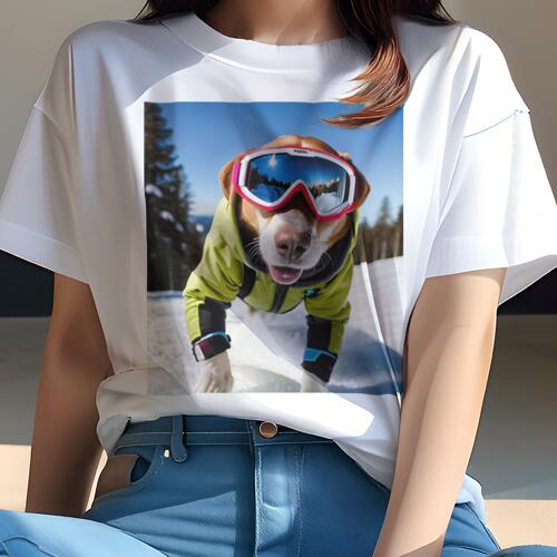 ビーグル Tシャツ レディース 犬ファン 半袖 春夏 犬柄 プリント カジュアル かわいい 人間用 個性派 ここだけのデザイン 面白 スキー ビーグル 冬 雪 スキーウェア