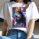 シベリアンハスキー Tシャツ レディース 犬ファン 半袖 春夏 犬柄 プリント カジュアル かわいい 人間用 個性派 ここだけのデザイン 面白 ヘッドホン シベリアンハスキー DJ ミキサー ネオン
