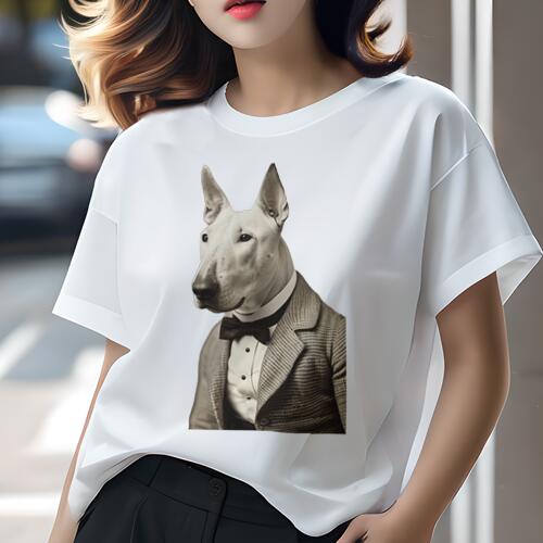 ブルテリア Tシャツ レディース 犬ファン 半袖 春夏 犬柄 プリント カジュアル かわいい 人間用 個性派 ここだけのデザイン 面白 スーツ ブルテリア 蝶ネクタイ