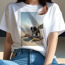 セントバーナード Tシャツ レディース 犬ファン 半袖 春夏 犬柄 プリント カジュアル かわいい 人間用 個性派 ここだけのデザイン 面白 ビーチ セントバーナード 海 貝殻 アイスクリームコーン