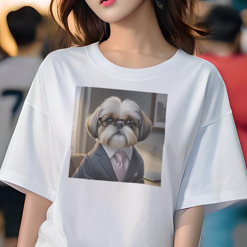 シーズー Tシャツ レディース 犬ファン 半袖 春夏 犬柄 プリント カジュアル かわいい 人間用 個性派 ここだけのデザイン 面白 スーツ シーズー ネクタイ 眼鏡