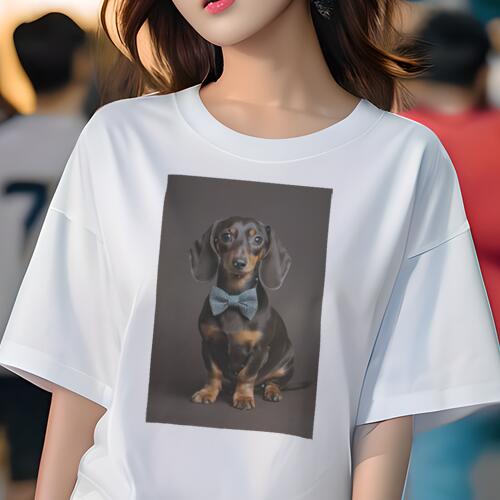 ダックスフンド Tシャツ レディース 犬ファン 半袖 春夏 犬柄 プリント カジュアル かわいい 人間用 個性派 ここだけのデザイン 面白 蝶ネクタイ ダックスフンド