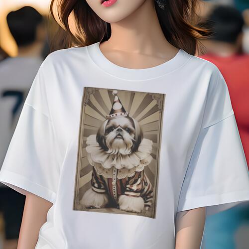 シーズー Tシャツ レディース 犬ファン 半袖 春夏 犬柄 プリント カジュアル かわいい 人間用 個性派 ここだけのデザイン 面白 ピエロ シーズー サーカス レトロ ヴィンテージ