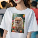 ポメラニアン Tシャツ レディース 犬ファン 半袖 春夏 犬柄 プリント カジュアル かわいい 人間用 個性派 ここだけのデザイン 面白 チューリップ ポメラニアン 花 春 自然