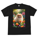 ポメラニアン Tシャツ メンズ キッズ 犬ファン 半袖 春夏 犬柄 プリント カジュアル かわいい 人間用 個性派 ここだけのデザイン 面白 チューリップ ポメラニアン 花 庭 春