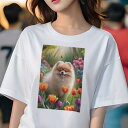 ポメラニアン Tシャツ レディース 犬ファン 半袖 春夏 犬柄 プリント カジュアル かわいい 人間用 個性派 ここだけのデザイン 面白 チューリップ ポメラニアン 花 庭 春