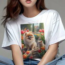 ポメラニアン Tシャツ レディース 犬ファン 半袖 春夏 犬柄 プリント カジュアル かわいい 人間用 個性派 ここだけのデザイン 面白 チューリップ ポメラニアン 庭 花 蝶