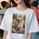 ポメラニアン Tシャツ レディース 犬ファン 半袖 春夏 犬柄 プリント カジュアル かわいい 人間用 個性派 ここだけのデザイン 面白 チューリップ ポメラニアン 花 春 自然